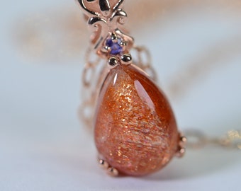 Sunstone Pearl Pendant 14K Rose Gold Vermeil Long Necklace Filigree Basket Anniversary Gift For Wife Natural Tanzanite Multi Gemstone Charm