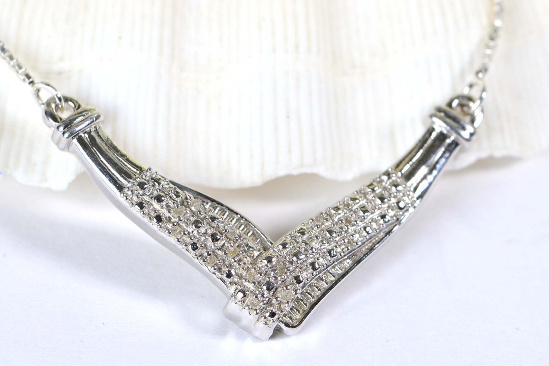 Natural Diamond Necklace V Shape Bar Sterling Silver Choker Gift for