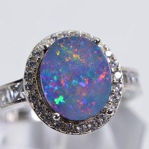 Australian Opal Ring Sterling Silver Halo Diamond Natural Opal Ring Gemstone Artisan ring October Birthstone Gift for girlfriend