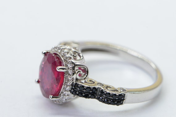 Oval Natural Ruby Black Diamond Ring  Sterling Si… - image 3