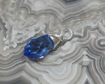 Wire Wrapped Blue Crystal Briolette Dangle: Silver Filled Pendant
