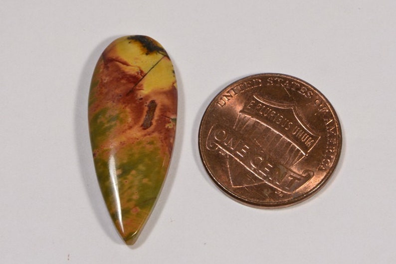May include: A teardrop-shaped gemstone with a mix of yellow, green, and red hues. The polished stone is next to a one-cent coin for size comparison. The stone's colors and patterns create a unique, natural appearance.