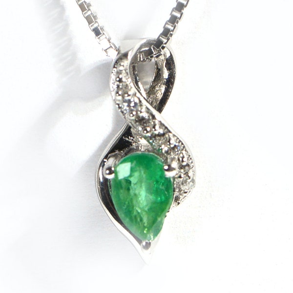 Genuine Colombian Emerald Halo Diamond Accent Sterling Silver Necklace Pendant Birthstone May Mothers Gift