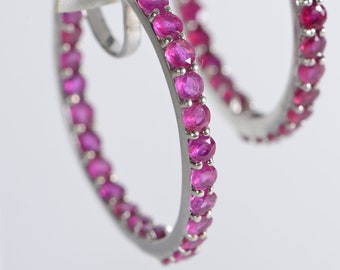 Natural Ruby Hoop Earrings Sterling Silver Deep Pink Ruby Earrings Birthstone July