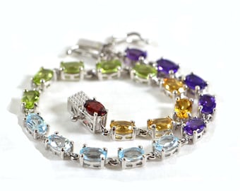 Multi Color Gemstone Garnet Topaz Peridot Citrine Amethyst  Tennis Bracelet in Platinum Over Sterling Silver