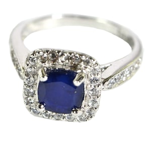 Blue Sapphire Ring Halo Style Cushion Cut Stone Ring 14K White Gold Over Sterling Silver Engagement Ring , Family Ring, Vintage Ring