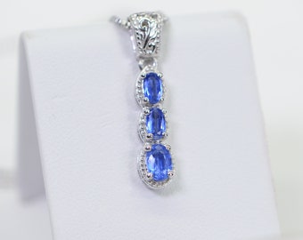 Sapphire Vertical Bar Pendant Necklace: 14K White Gold Over Sterling Silver