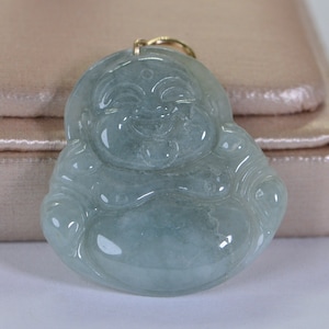 Natural  Jade White and Green Carved Buddha Solid Gold 14K Good Luck Happiness-Smile Buddha Green/White Jade Genuine Small Pendant