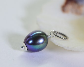 Genuine Black Pearl Wire Wrapped Sterling Silver Charm Single Pearl Pendant Peacock Pearl Black