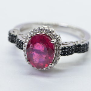 Oval Natural Ruby Black Diamond Ring  Sterling Silver Promise Engagement Ring