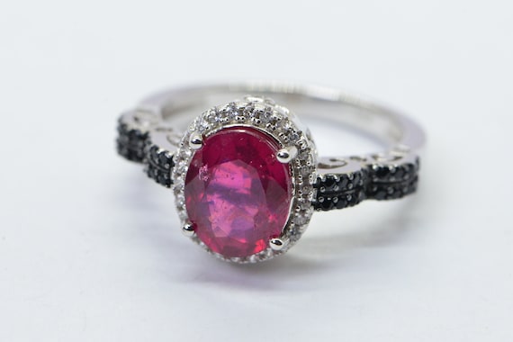 Oval Natural Ruby Black Diamond Ring  Sterling Si… - image 1