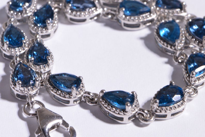 London Blue Topaz Bracelet Chain Gemstone Bracelet Prong Setting Teardrops Sterling Silver Gemstone Link Bracelet Birthstone November