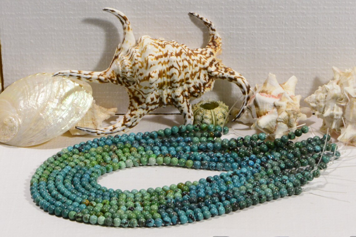 Bracciale Con Perle Di Turchese Naturale Verde - Elastico 7.5", Sfere 6/8/10mm, Fatto A Mano