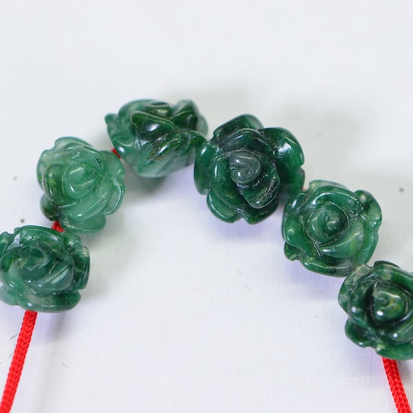 8mm Carved Rose Jade Green Flower Carved Beads Gemstone Loose Beads Emerald Green Flower Beads Jewelry make supplies