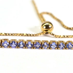Natural Tanzanite Tennis Bracelet Round Stone Set in 14K Yellow Gold Sterling Silver Adjustable Bolo Style Bracelet Birthstone December