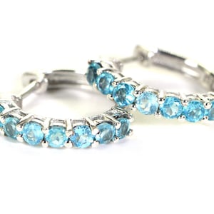 Aquamarine Hoop Earrings Gemstone for March Birthstone Sterling silver Medium size Hoop  Earrings