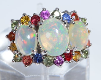 Multi Color Sapphire Ethiopian Opal Sterling Silver Promise Ring Trinity Rings