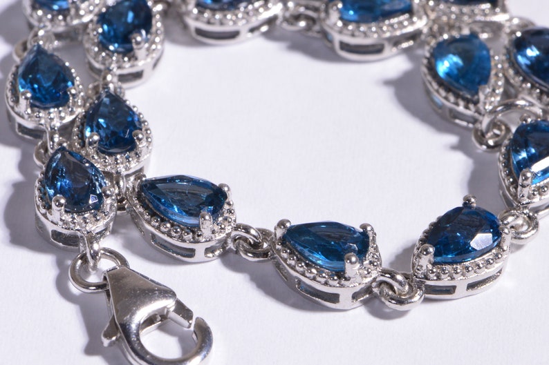 London Blue Topaz Bracelet Chain Gemstone Bracelet Prong Setting Teardrops Sterling Silver Gemstone Link Bracelet Birthstone November