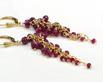 Ruby Cluster Dangle Earrings: 14K Gold Filled Wire Wrapped Lever Backs