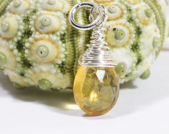 Birthstone Charm Natural Citrine Briolette A Wire wrapped on sterling silver Birthstone November