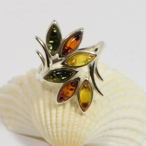 Green and Yellow Amber Ring Sterling Silver Ring Gemstone Jewelry Amber Ring