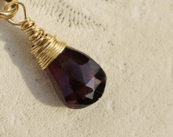 Red Garnet and 14K Gold Wire Wrapped Pendant  Birthstone for January, Add Dangle