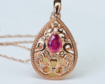 Real Diamond and Ruby Filigree Flower Design Pendant Teardrop Rose Gold Vermeil Necklace Pendant