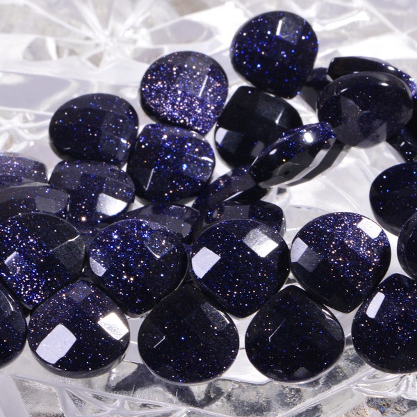 12mm Blue Goldstone Briolette Hearts Beads Faceted Gemstone Sparkle Loose Beads Jewelry make supplies
