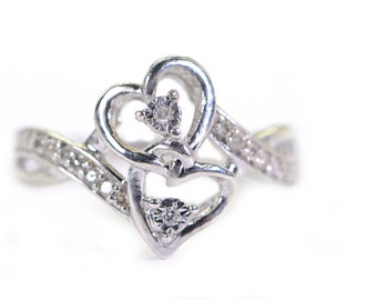 Diamond Two Heart Ring: 14K White Gold over Sterling Silver Engagement Ring