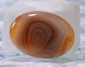 May include: A smooth, oval-shaped agate stone with a swirling pattern of brown, white, and orange bands.