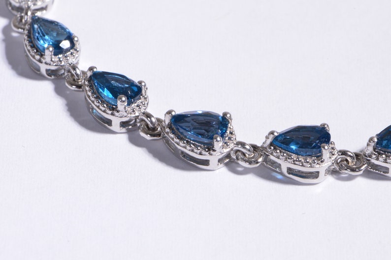 London Blue Topaz Bracelet Chain Gemstone Bracelet Prong Setting Teardrops Sterling Silver Gemstone Link Bracelet Birthstone November