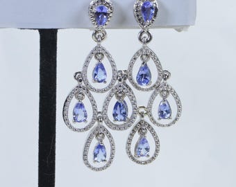 Pendientes colgantes de racimo de tanzanita, pendientes de flores de plata de ley