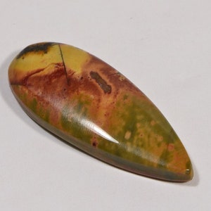 May include: A polished, teardrop-shaped gemstone with a blend of colors. The stone features a base of olive green, transitioning to shades of yellow and brown with reddish-brown accents. A dark, almost black, area is visible at the top.