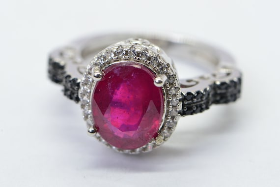Oval Natural Ruby Black Diamond Ring  Sterling Si… - image 7