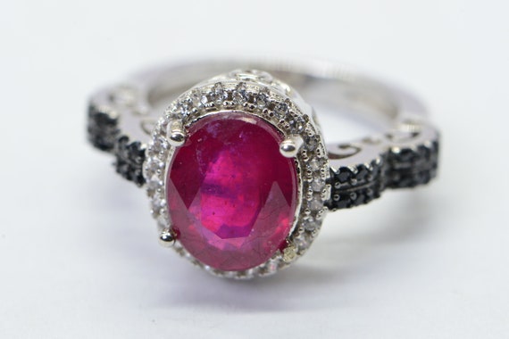 Oval Natural Ruby Black Diamond Ring  Sterling Si… - image 7