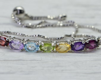 Multi Color Gemstone Garnet Topaz Peridot Citrine Bolo Adjustable  Bracelet in Sterling Silver Rhodium Gift For Women Bracelet Rainbow Gems