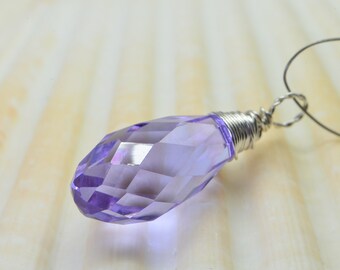 Lavender Large Briolette Wire Wrapped Silver Purple Crystal Teardrop Add Charm Light Amethyst