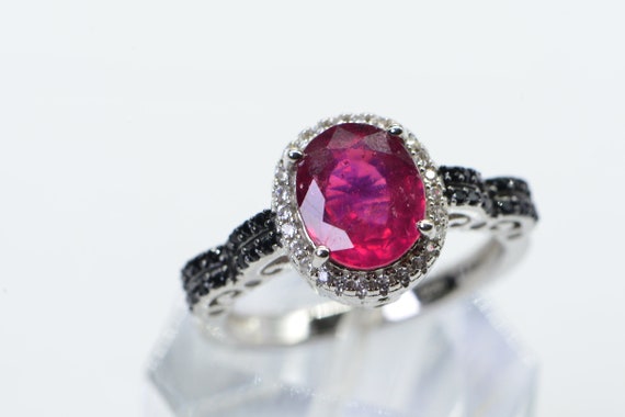 Oval Natural Ruby Black Diamond Ring  Sterling Si… - image 4