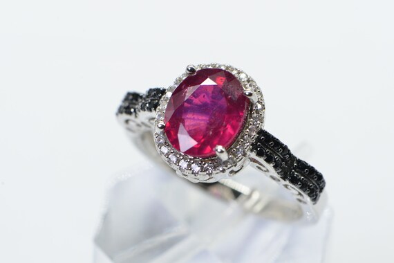 Oval Natural Ruby Black Diamond Ring  Sterling Si… - image 5