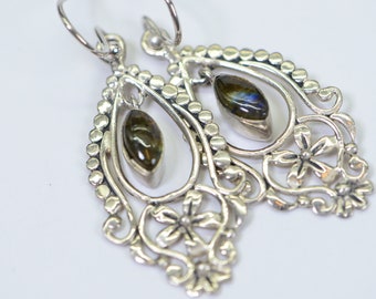 Flower Design Inner Drop Labradorite Teardrop Earrings Sterling Silver 925 Vintage Silver Earrings