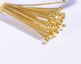 1.5 inch, 24k gold over Sterling Silver Headpins Ball Head Pins, 26 gauge ga g, 37 mm Vermeil Headpins