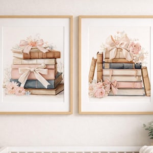 Vintage Book Stack Preppy Coquette Wall Art, Set of 2