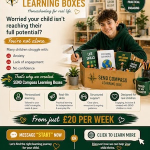 以下が含まれることがあります： SEND Compass Learning Boxesの広告。画像には、"Life Skills"や"Exploring Our World"などの本が入った箱を持つ若い人が写っています。テキストは、在宅学習とその利点を宣伝しています。