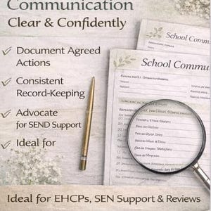 May include: A document titled "Track Home-School Communication" with the text "Clear & Confidently." The image includes a pen, a magnifying glass, and a checklist with the text "Document Agreed Actions" and "Consistent Record-Keeping."