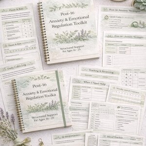 May include: An overhead shot features a Post-16 Anxiety & Emotional Regulation Toolkit, spiral-bound notebooks, and loose-leaf pages. The toolkit includes the text "Structured Support for Ages 16-25." Other items include a cup of tea, stationery, and decorative elements.