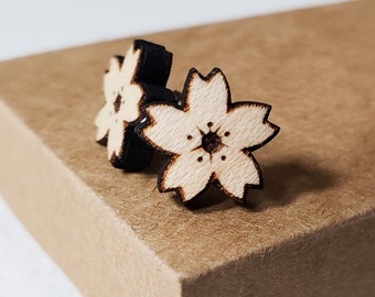 Sakura Cherry Blossom  Laser Cut Stud Earrings - Flower Blossom Wood