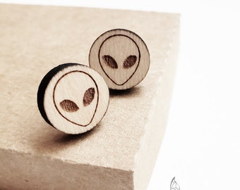 Alien Head  Laser Cut Stud Wood Earrings