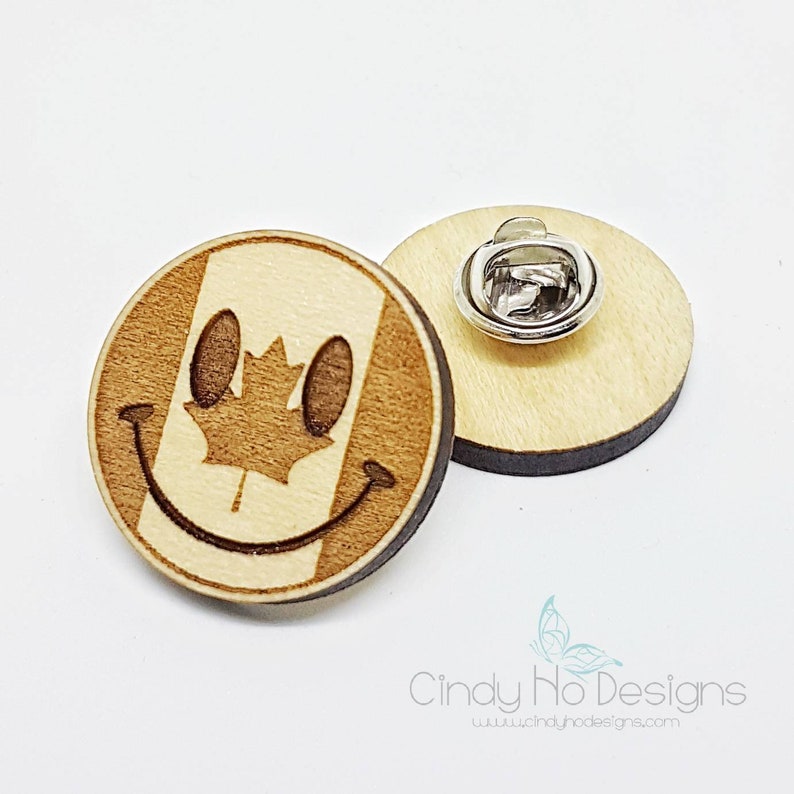 Canada Smiley Emoji Wooden Pin or Magnet Laser Cut, Canadian image 2