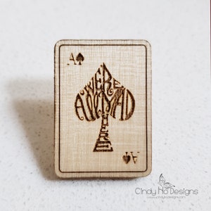 We're All Mad Here Spade Playing Card Wooden Pin Brooch Laser Cut Maple/Birch Plywood