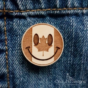 Canada Smiley Emoji Wooden Pin or Magnet Laser Cut, Canadian image 6